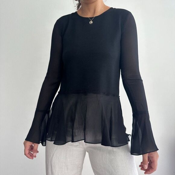 Theory Blouse Womens 0 Black Wool Silk Lexanda Bell Sleeve C Idol Jersey Top - Picture 2 of 9